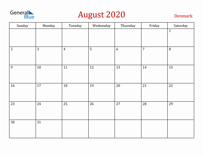 Denmark August 2020 Calendar - Sunday Start