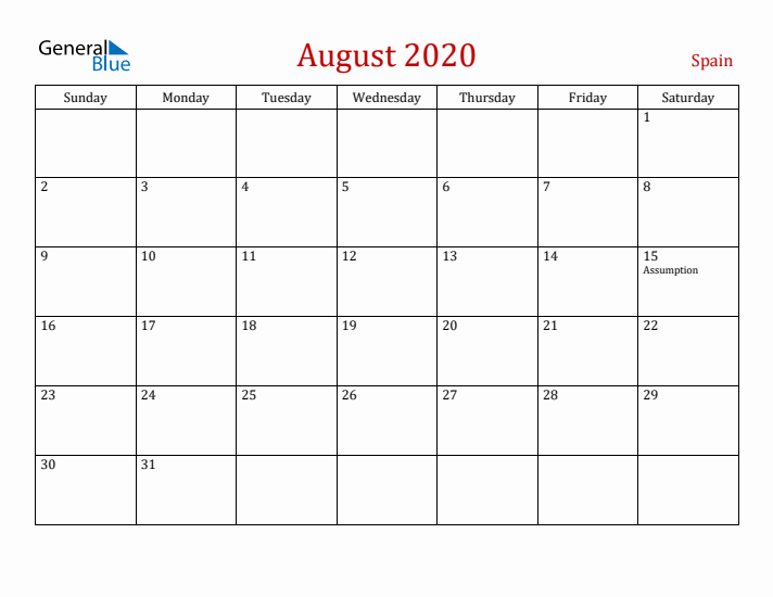 Spain August 2020 Calendar - Sunday Start