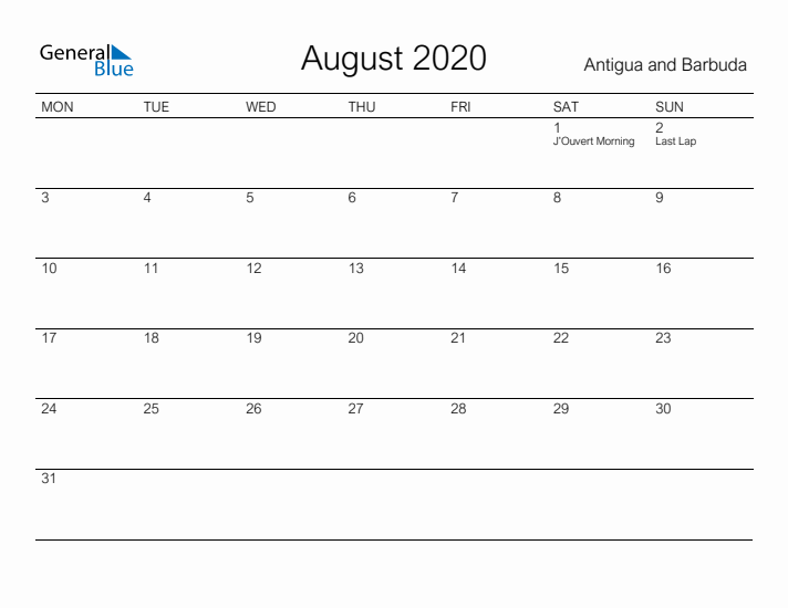 Printable August 2020 Calendar for Antigua and Barbuda