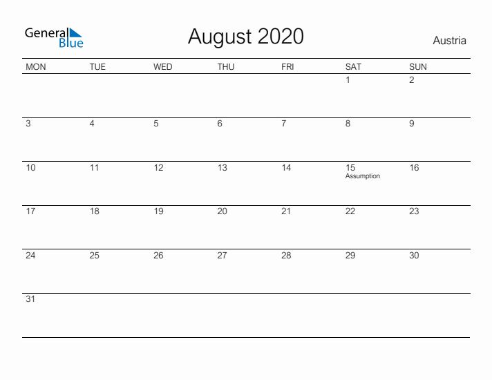 Printable August 2020 Calendar for Austria