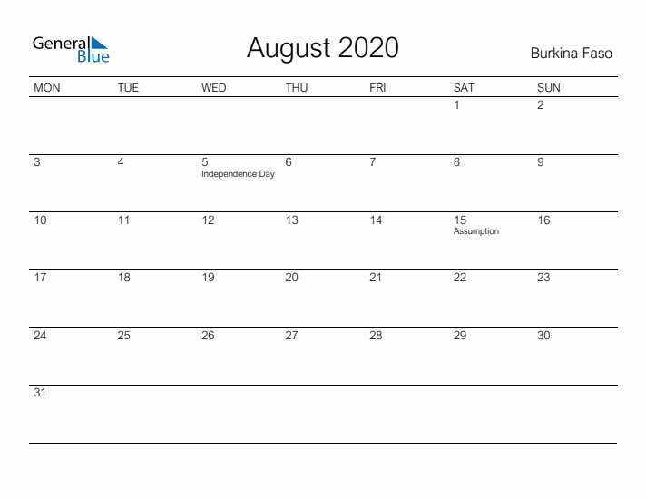 Printable August 2020 Calendar for Burkina Faso