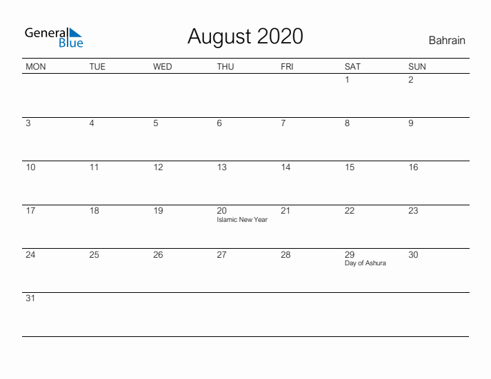 Printable August 2020 Calendar for Bahrain