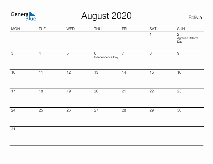 Printable August 2020 Calendar for Bolivia