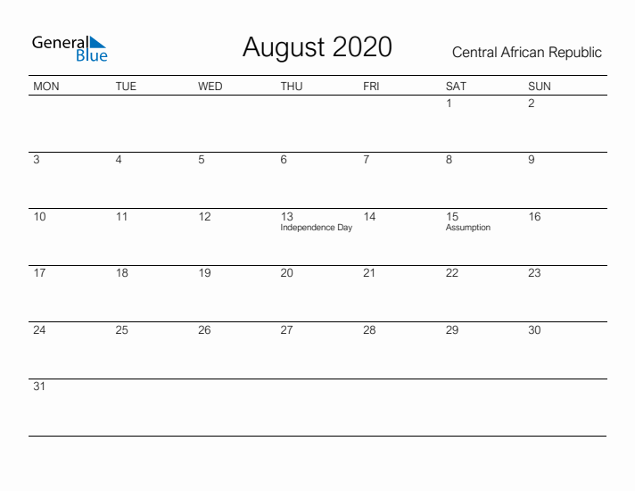 Printable August 2020 Calendar for Central African Republic