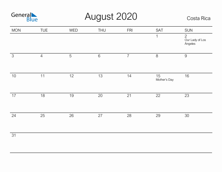 Printable August 2020 Calendar for Costa Rica