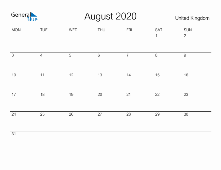 Printable August 2020 Calendar for United Kingdom