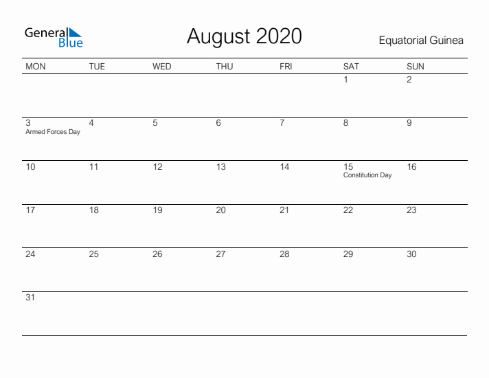 Printable August 2020 Calendar for Equatorial Guinea