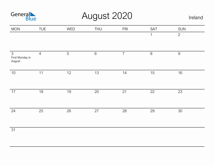 Printable August 2020 Calendar for Ireland