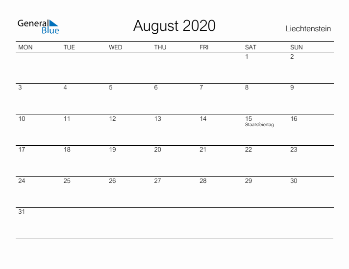 Printable August 2020 Calendar for Liechtenstein