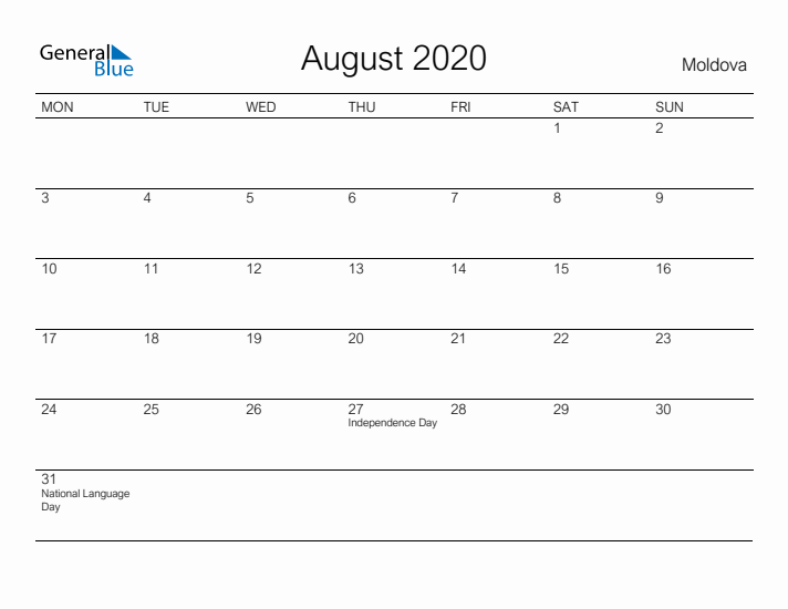 Printable August 2020 Calendar for Moldova