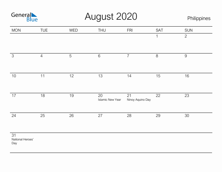 Printable August 2020 Calendar for Philippines