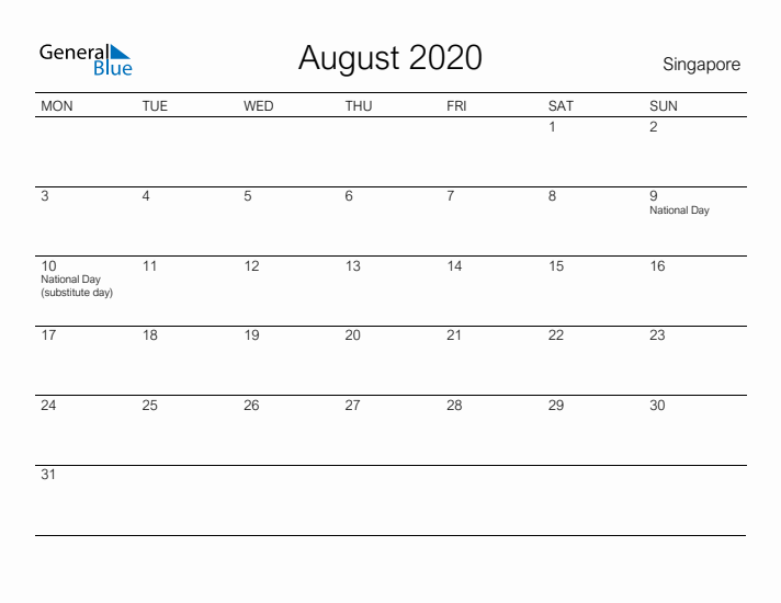 Printable August 2020 Calendar for Singapore