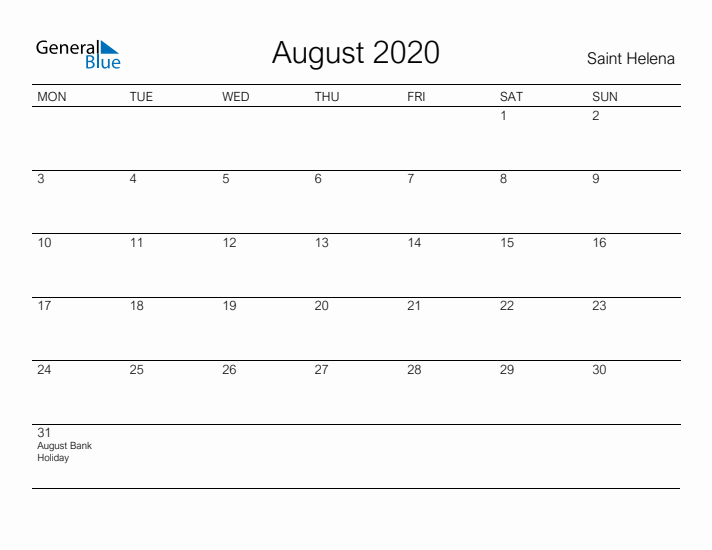 Printable August 2020 Calendar for Saint Helena