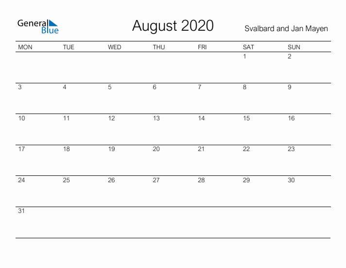 Printable August 2020 Calendar for Svalbard and Jan Mayen