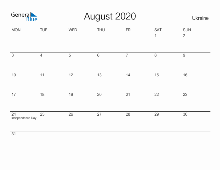 Printable August 2020 Calendar for Ukraine