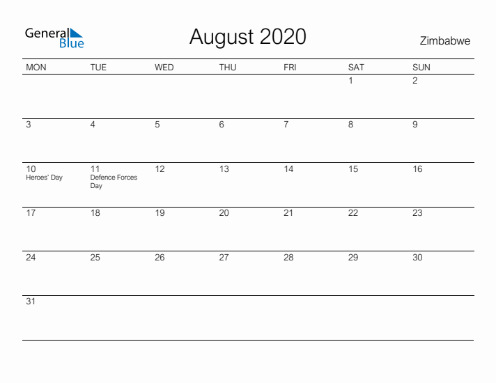 Printable August 2020 Calendar for Zimbabwe