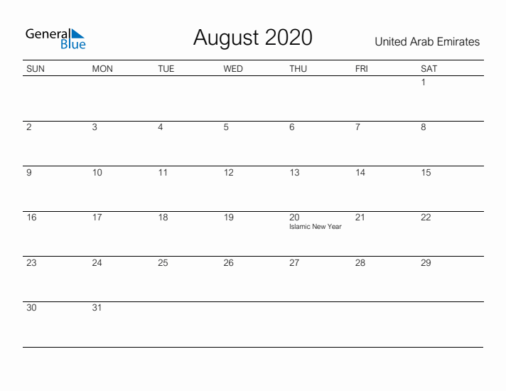 Printable August 2020 Calendar for United Arab Emirates