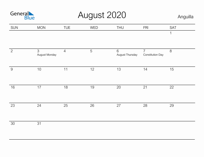 Printable August 2020 Calendar for Anguilla