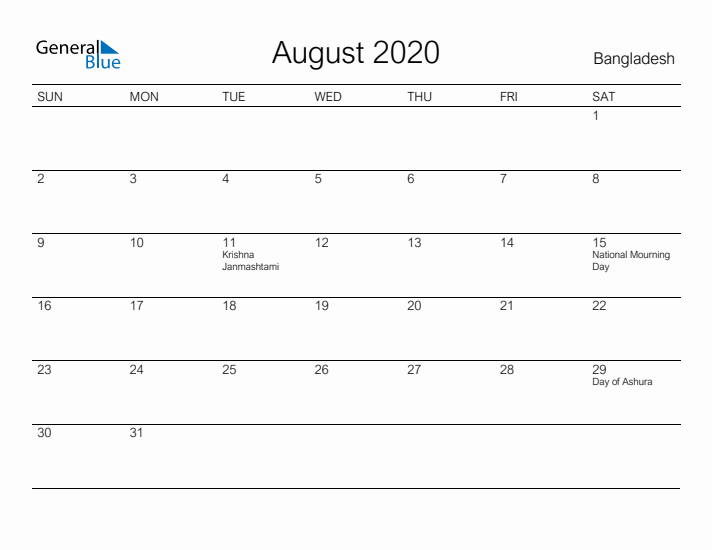 Printable August 2020 Calendar for Bangladesh