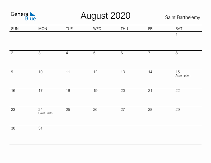 Printable August 2020 Calendar for Saint Barthelemy