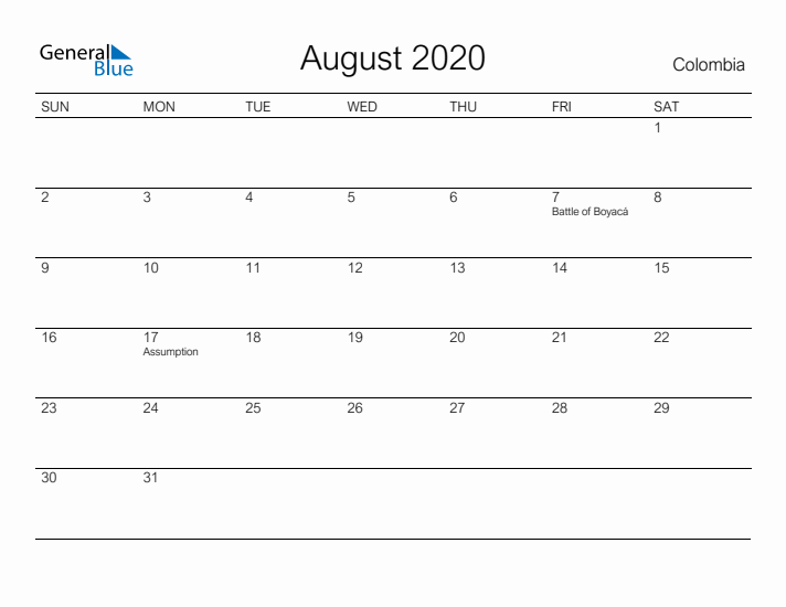 Printable August 2020 Calendar for Colombia