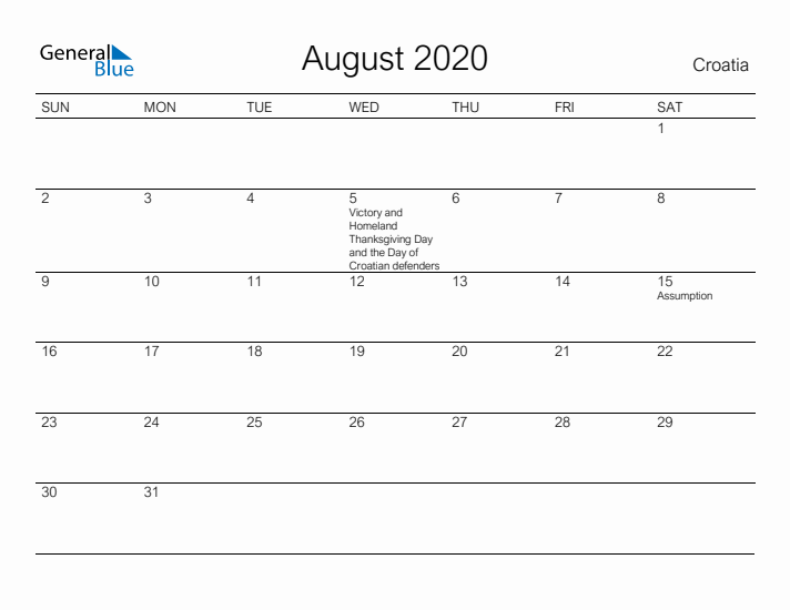 Printable August 2020 Calendar for Croatia