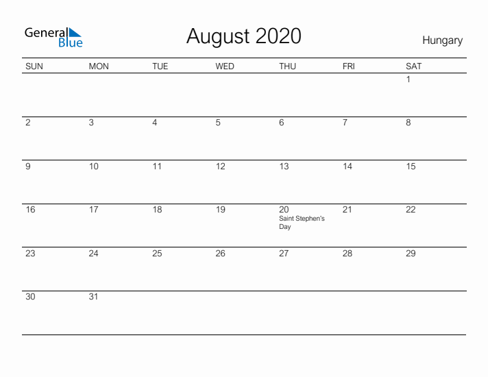 Printable August 2020 Calendar for Hungary