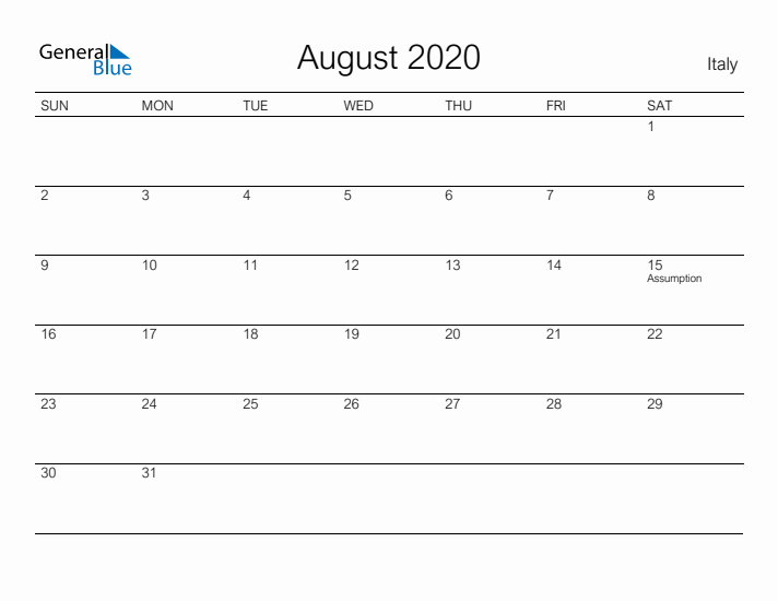 Printable August 2020 Calendar for Italy