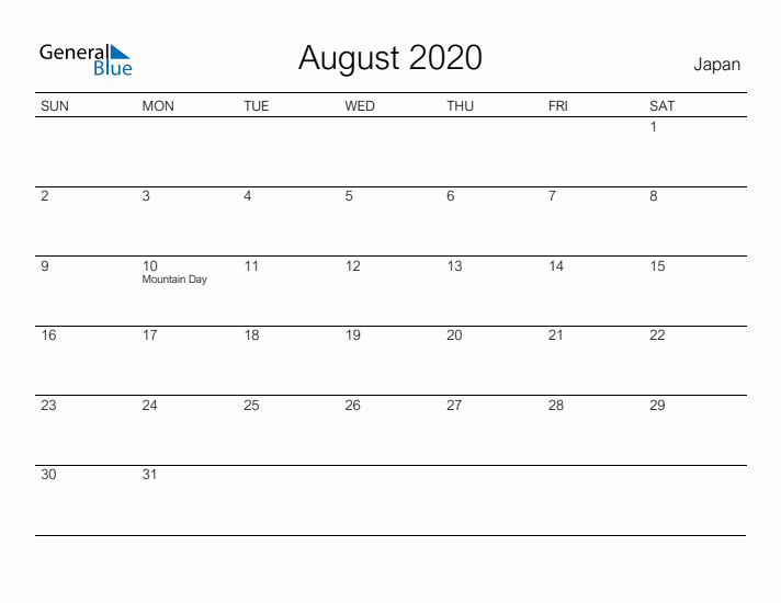 Printable August 2020 Calendar for Japan