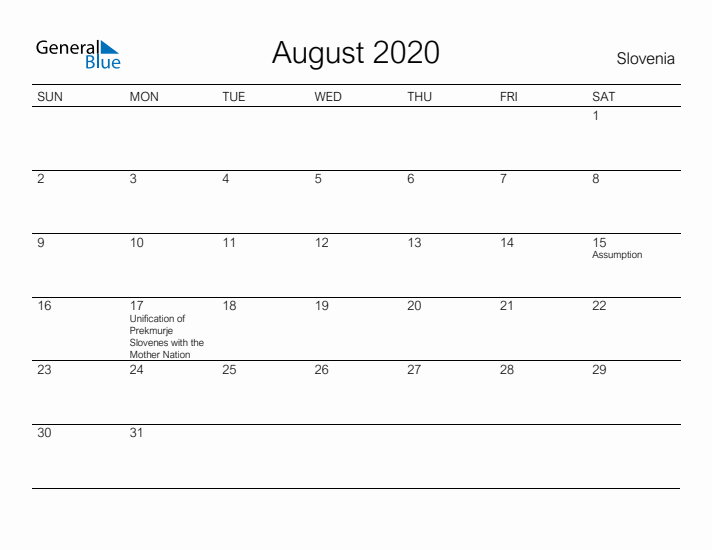 Printable August 2020 Calendar for Slovenia