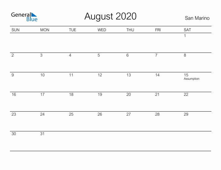 Printable August 2020 Calendar for San Marino