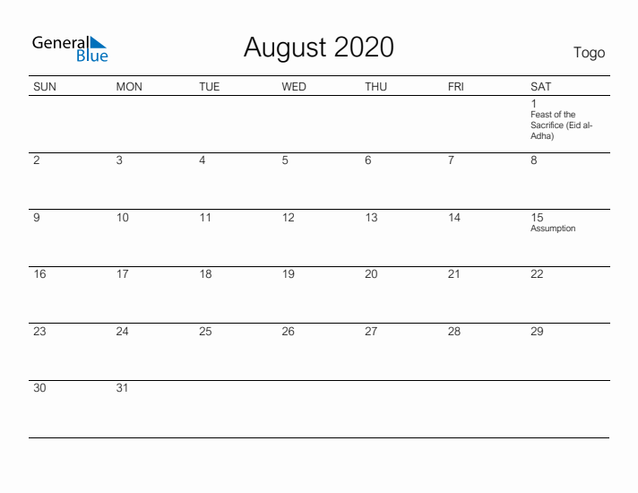 Printable August 2020 Calendar for Togo