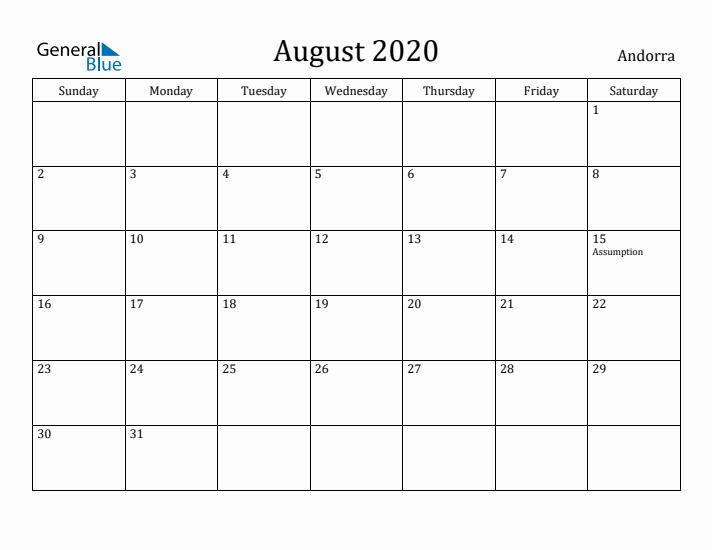 August 2020 Calendar Andorra