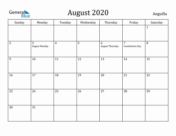 August 2020 Calendar Anguilla