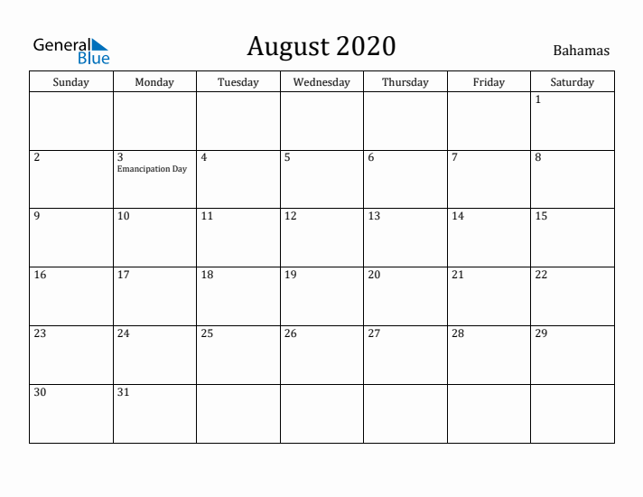 August 2020 Calendar Bahamas