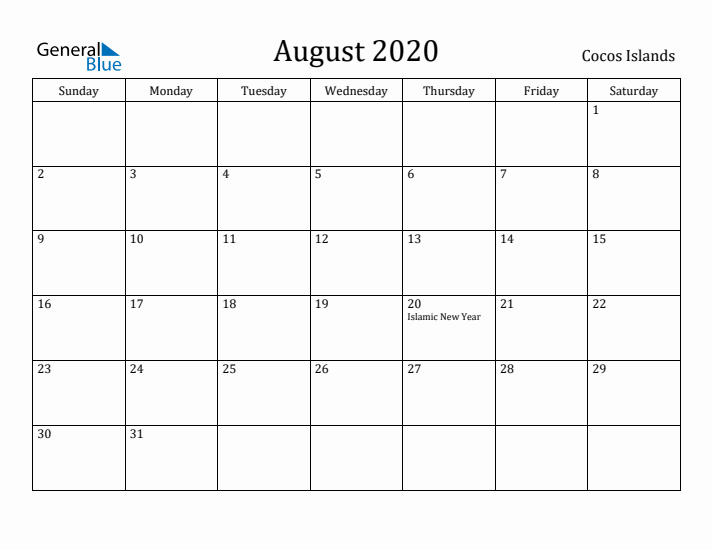 August 2020 Calendar Cocos Islands