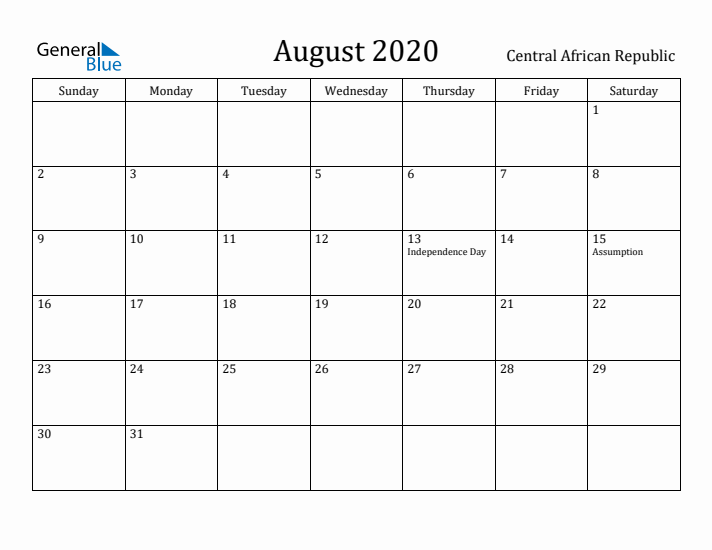 August 2020 Calendar Central African Republic