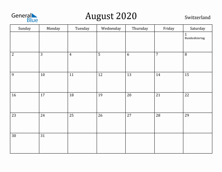 August 2020 Calendar Switzerland