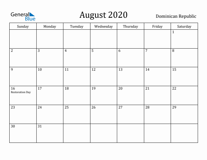 August 2020 Calendar Dominican Republic