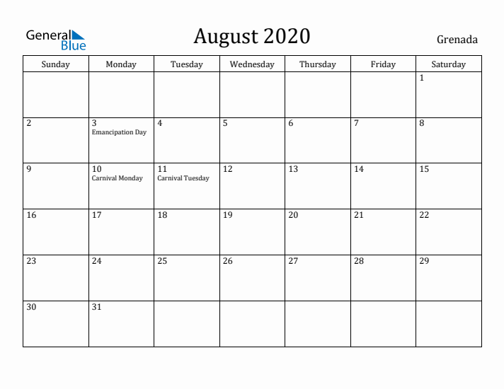 August 2020 Calendar Grenada