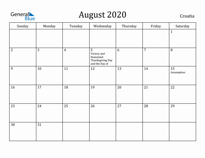 August 2020 Calendar Croatia