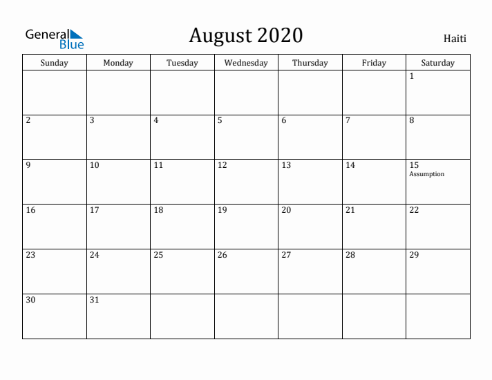 August 2020 Calendar Haiti