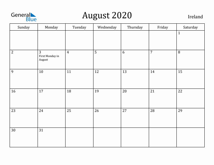 August 2020 Calendar Ireland