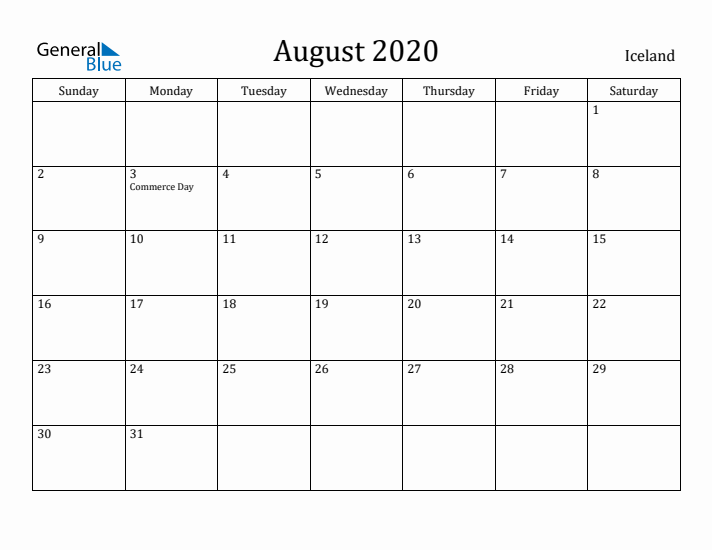 August 2020 Calendar Iceland