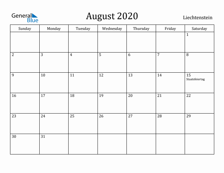 August 2020 Calendar Liechtenstein