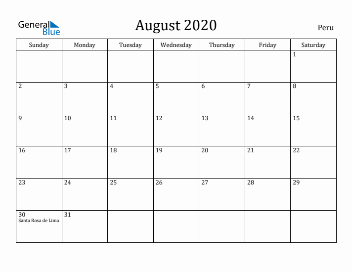 August 2020 Calendar Peru