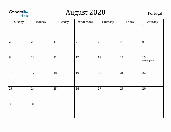 August 2020 Calendar Portugal