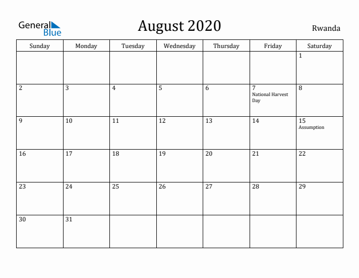 August 2020 Calendar Rwanda