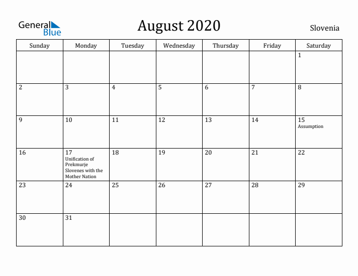 August 2020 Calendar Slovenia