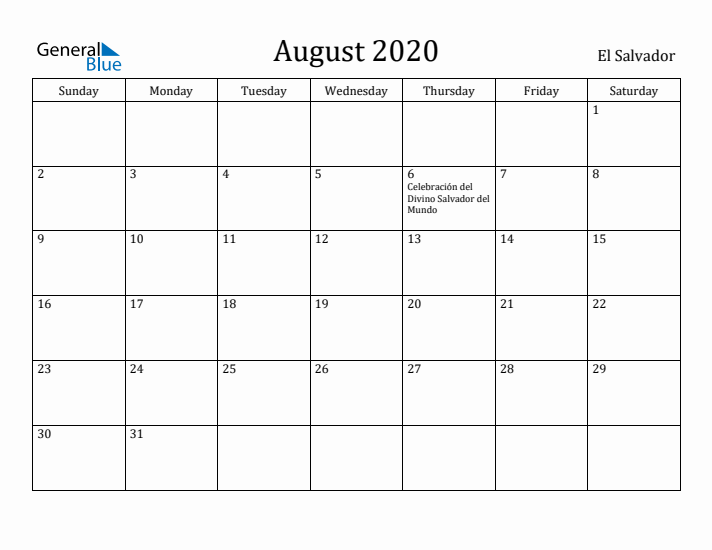 August 2020 Calendar El Salvador